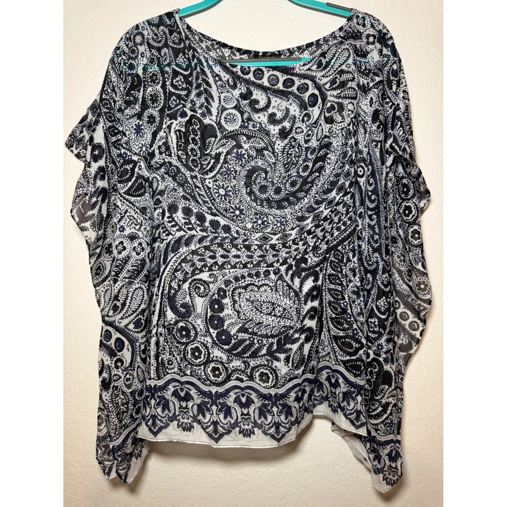 Talbots Navy Blue White Paisley Sheer Poncho Kaftan Blouse Top Small